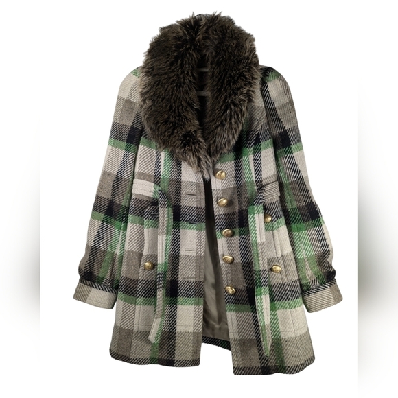 Juicy Couture Y2K Wool Plaid Coat with Faux Fur Collar Belted Gold Buttons Sz P - Picture 3 of 16